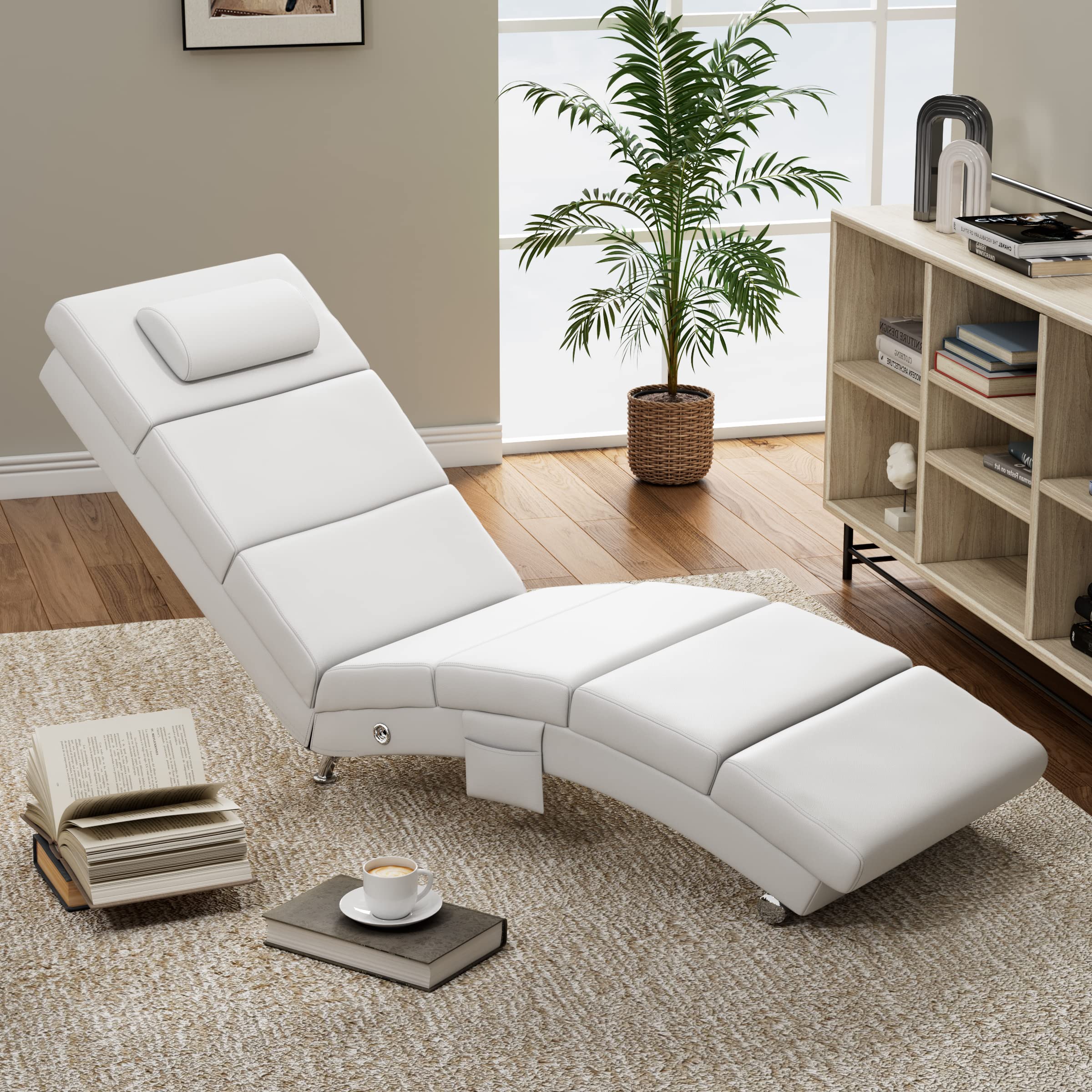 YOLENY Massage Chaise Lounge,Electric Recliner Heated Chair,Ergonomic Indoor Chair, Modern Long Lounger for Office or Living Room,PU&White…