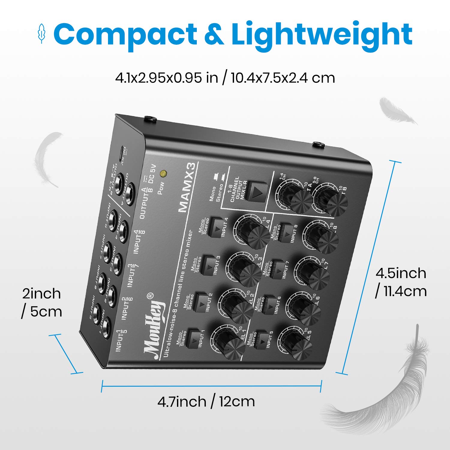 Moukey Audio Mixer Line Mixer, DC 5V, 8-Stereo Ultra, Low Noise 8-Channel for Sub-Mixing, for Small Clubs or Bars, As Guitars, Bass, Keyboards Mixer, 2022 New Version-MAMX3