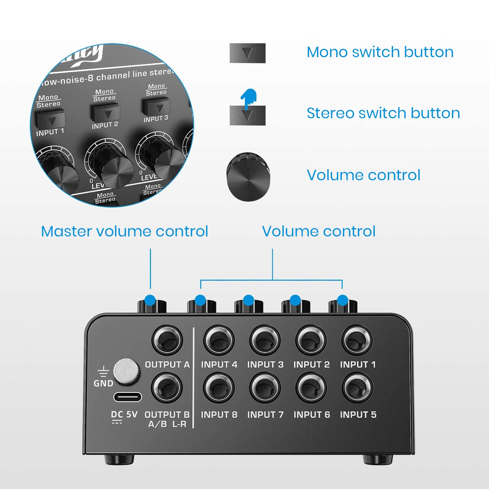 Moukey Audio Mixer Line Mixer, DC 5V, 8-Stereo Ultra, Low Noise 8-Channel for Sub-Mixing, for Small Clubs or Bars, As Guitars, Bass, Keyboards Mixer, 2022 New Version-MAMX3