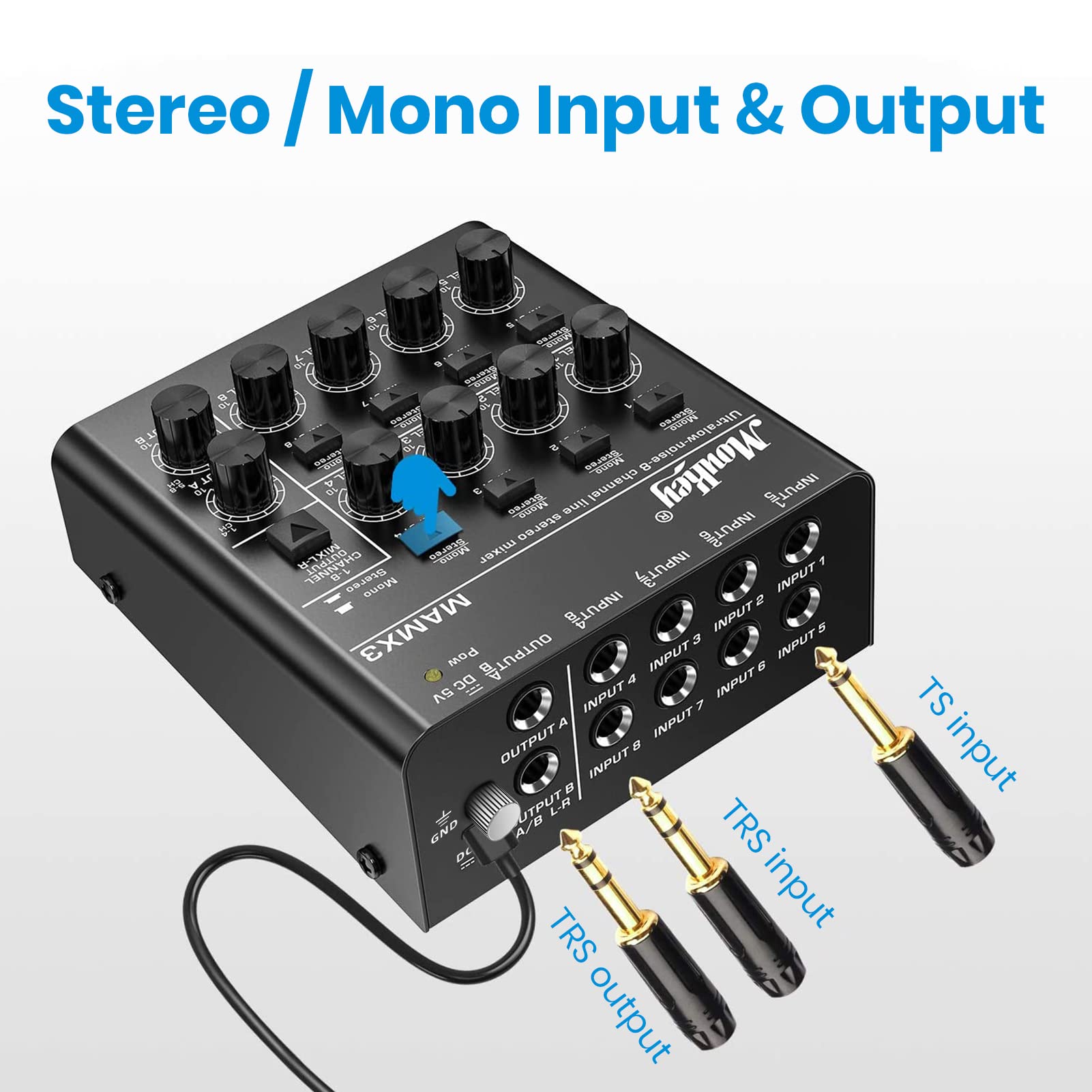 Moukey Audio Mixer Line Mixer, DC 5V, 8-Stereo Ultra, Low Noise 8-Channel for Sub-Mixing, for Small Clubs or Bars, As Guitars, Bass, Keyboards Mixer, 2022 New Version-MAMX3