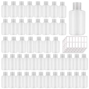 innolife 48 pack plastic bottles with flip top cap, 2oz 60ml small plastic squeeze bottles refillable travel size bottles for toiletries and lotions, empty cosmetic containers- 56pcs labels