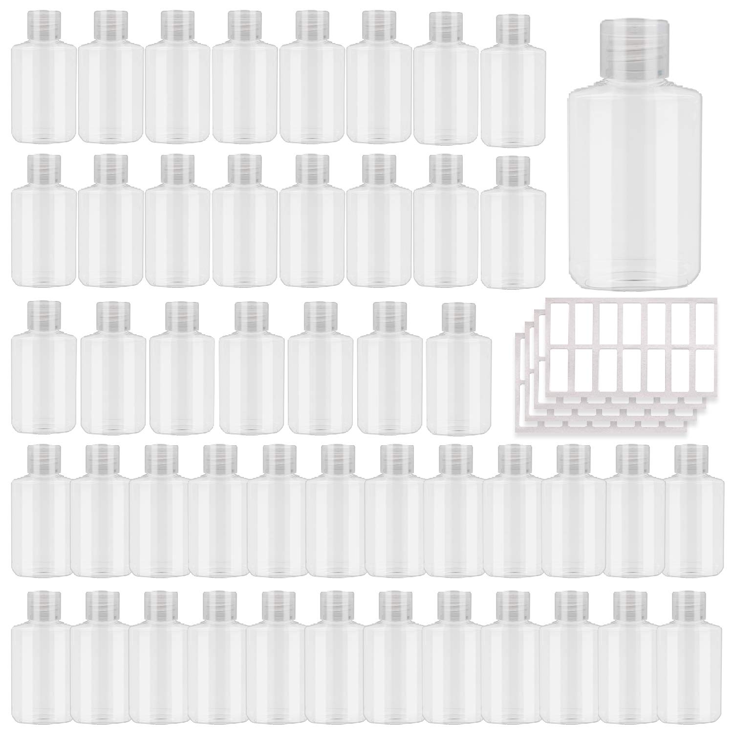 INNOLIFE 48 Pack Plastic Bottles with Flip Top Cap, 2oz 60ml Small Plastic Squeeze Bottles Refillable Travel Size Bottles for Toiletries and Lotions, Empty Cosmetic Containers- 56pcs Labels