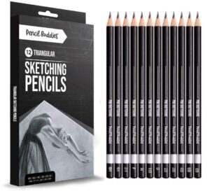 pencil buddies sketch pencils for drawing, triangular drawing pencils set, 12 pack art pencils for drawing & shading, graphite shading pencils for sketching, adults & kids, 8b-6h