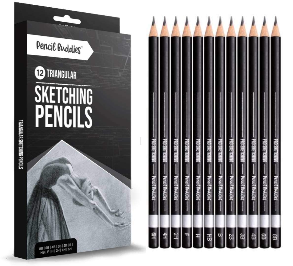 Pencil Buddies Sketch Pencils for Drawing, Triangular Drawing Pencils Set, 12 Pack Art Pencils for Drawing & Shading, Graphite Shading Pencils for Sketching, Adults & Kids, 8B-6H