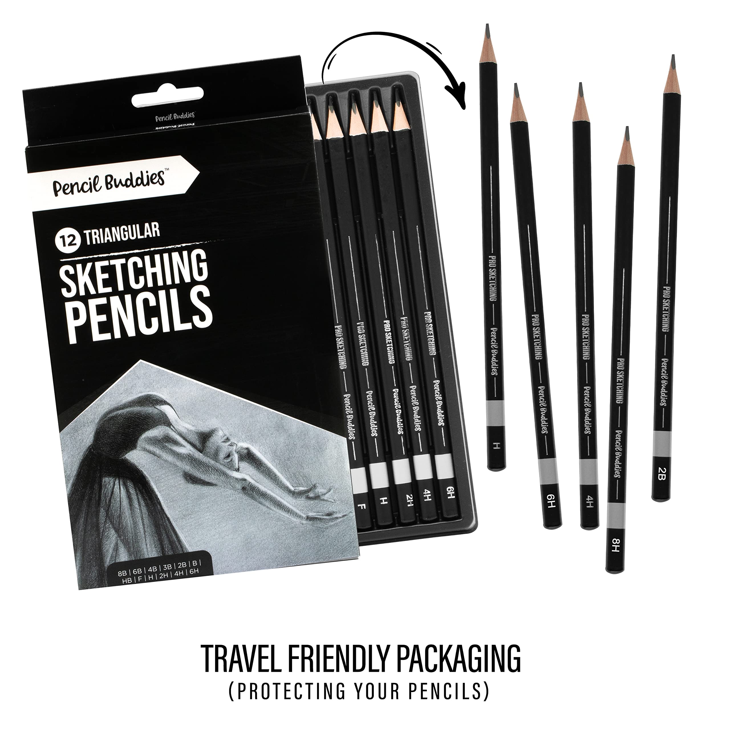 Pencil Buddies Sketch Pencils for Drawing, Triangular Drawing Pencils Set, 12 Pack Art Pencils for Drawing & Shading, Graphite Shading Pencils for Sketching, Adults & Kids, 8B-6H