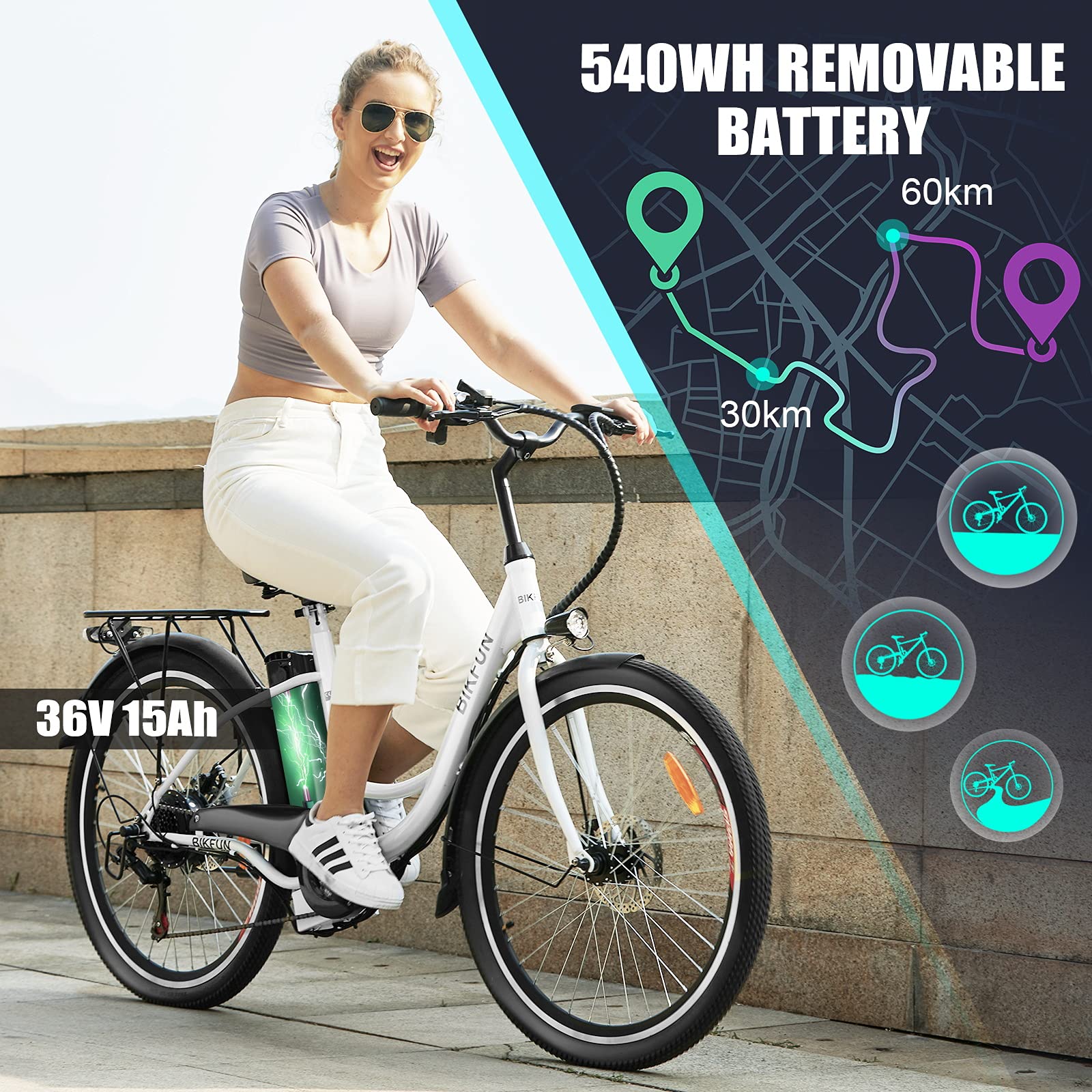 ANCHEER 26 inch 350W Electric Bike for Adult, 15Ah 540Wh Battery Power Assisted Bicycle Up to 50 Miles, Commute E-Bike with Low-Step Frame Shimano 7 Speed (White)