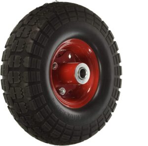 10"flat free, hand truck/all-purpose utility tire on wheel- 5/8" center shaft hole (black tire - red rim)