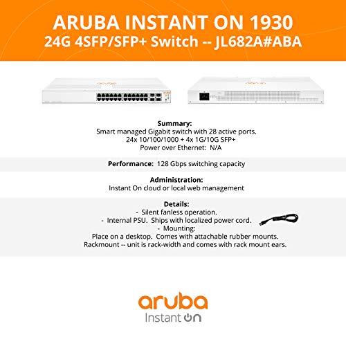 Aruba a Hewlett Packard Enterprise company HPE Networking Instant On Switch Series 1930 24-Port Gb Smart-Managed Layer 2+ Ethernet Switch | 24x 1G | 4X SFP+ | US Cord (JL682A#ABA)