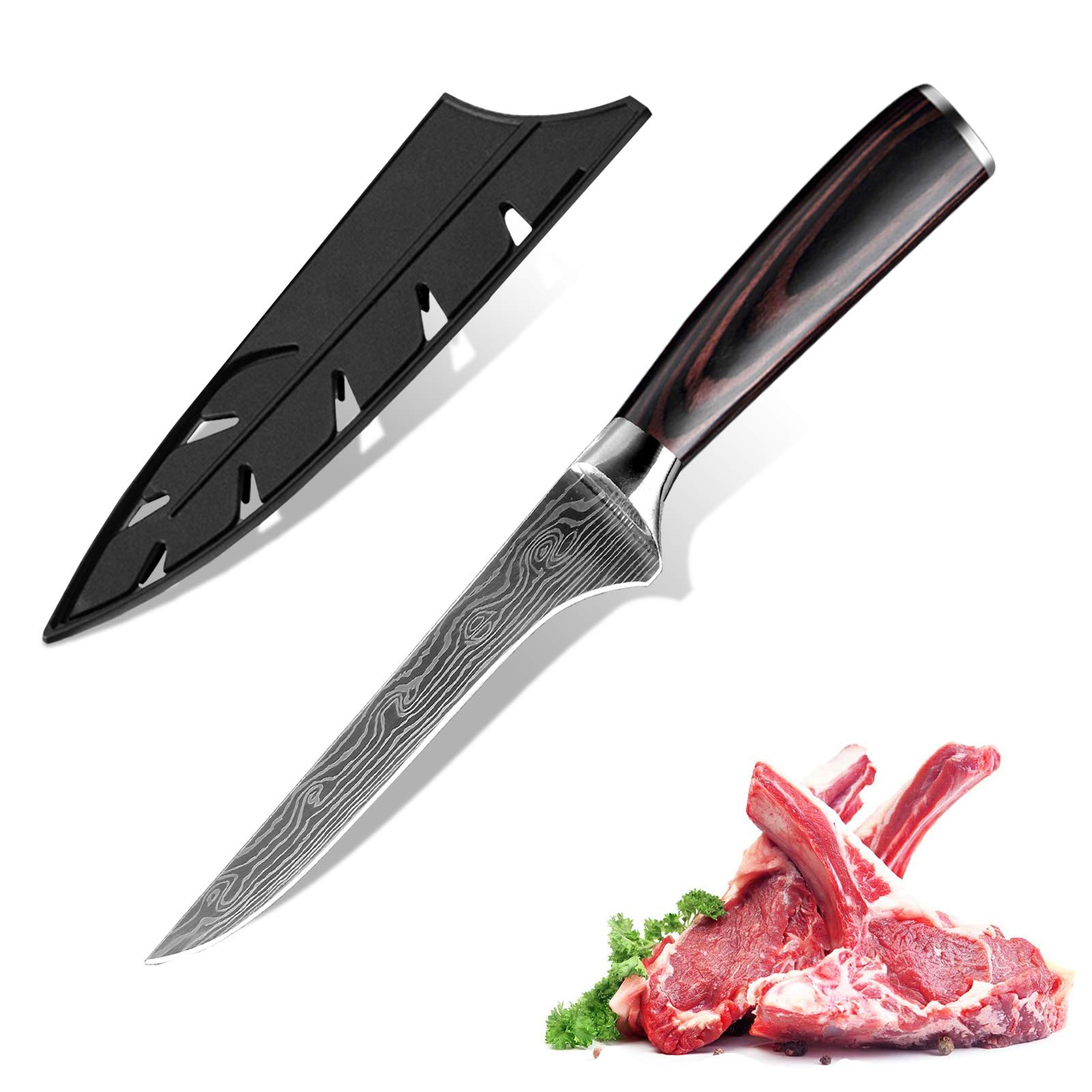 KEPEAK Boning Knife 6 Inch, Fillet Knives High Carbon Steel and Pakkawood Handle for Meat, Fish, Poultry, Chicken Chef Kitchen Knife