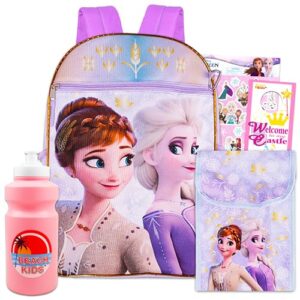 disney frozen backpack and lunch box set for girls ~ 5 pc bundle with deluxe 16" frozen school bag, lunch bag, water bottle, stickers, and more (frozen school supplies)