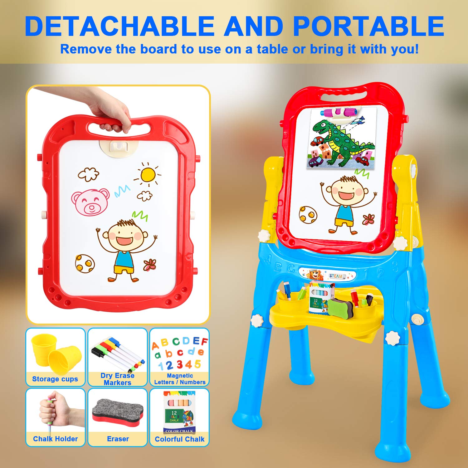 STEAM Life Easel for Kids Art Easel for Toddler Easel - 4in1 Double-Sided Large Magnetic Board Kids Chalkboard Easel Drawing White Board for Kids with Magnetic Letters & Numbers Easy Storage Portable