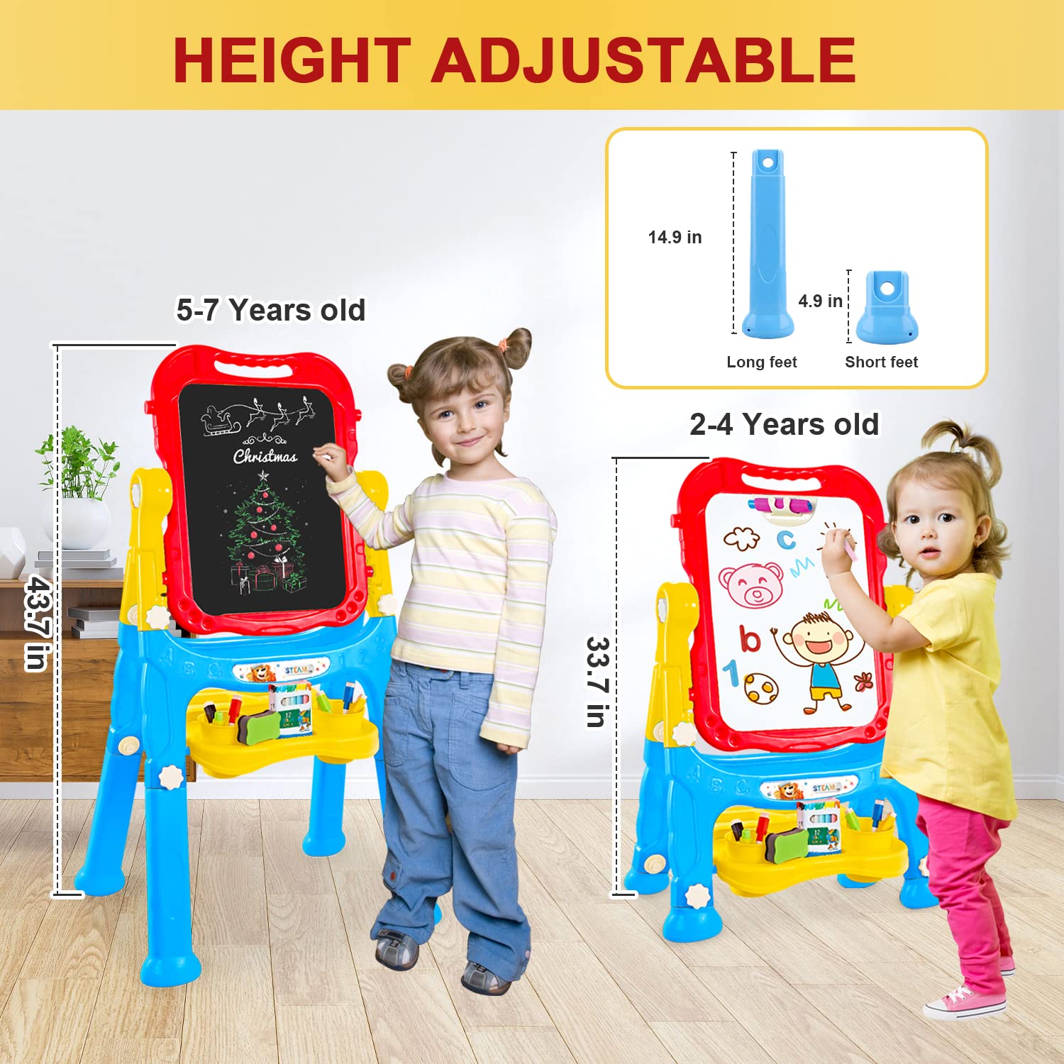 STEAM Life Easel for Kids Art Easel for Toddler Easel - 4in1 Double-Sided Large Magnetic Board Kids Chalkboard Easel Drawing White Board for Kids with Magnetic Letters & Numbers Easy Storage Portable