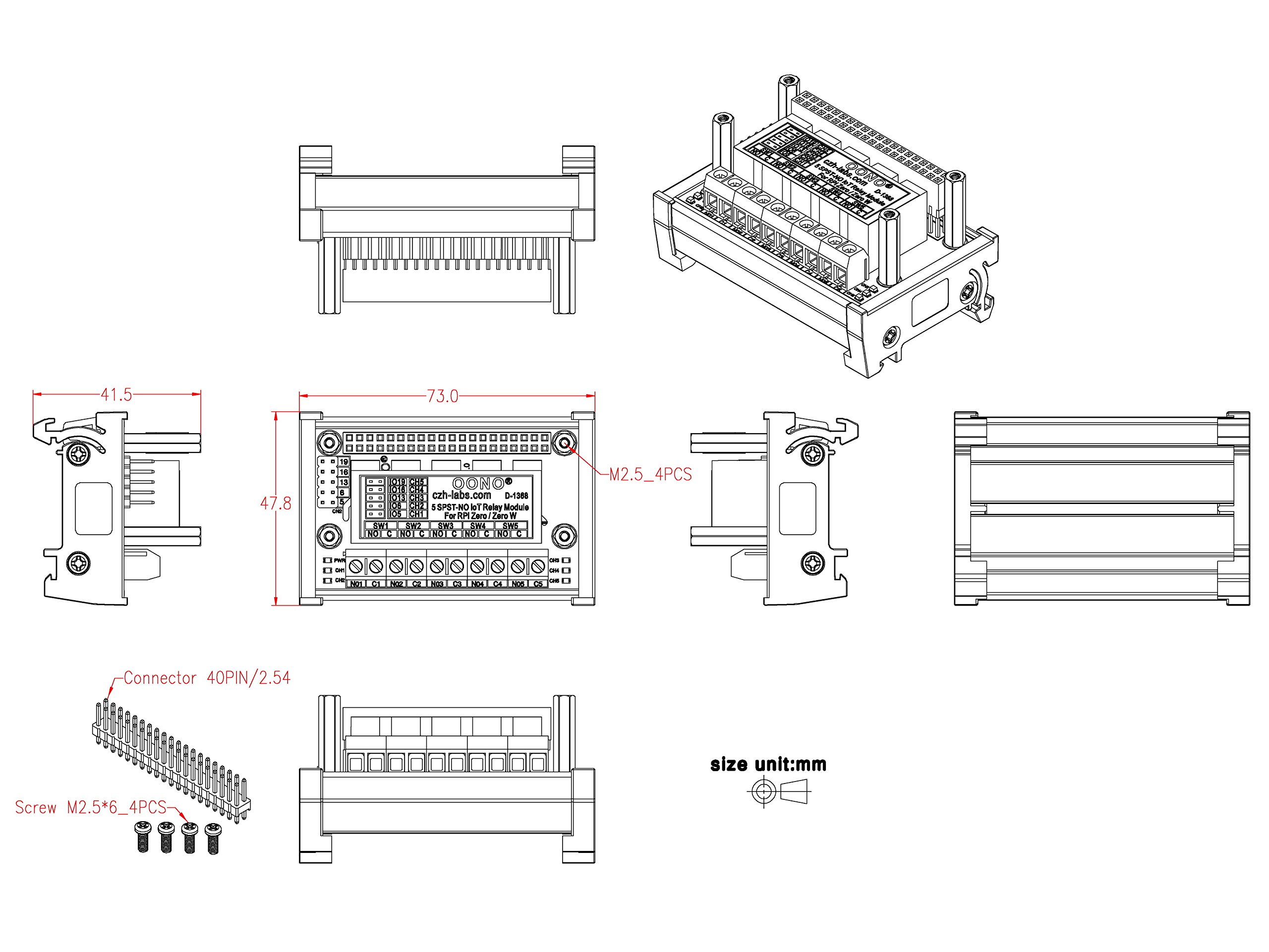 DIN Rail Mount 5 SPST-NO RPi IoT Power Relay Module for Raspberry Pi Zero/Zero-W