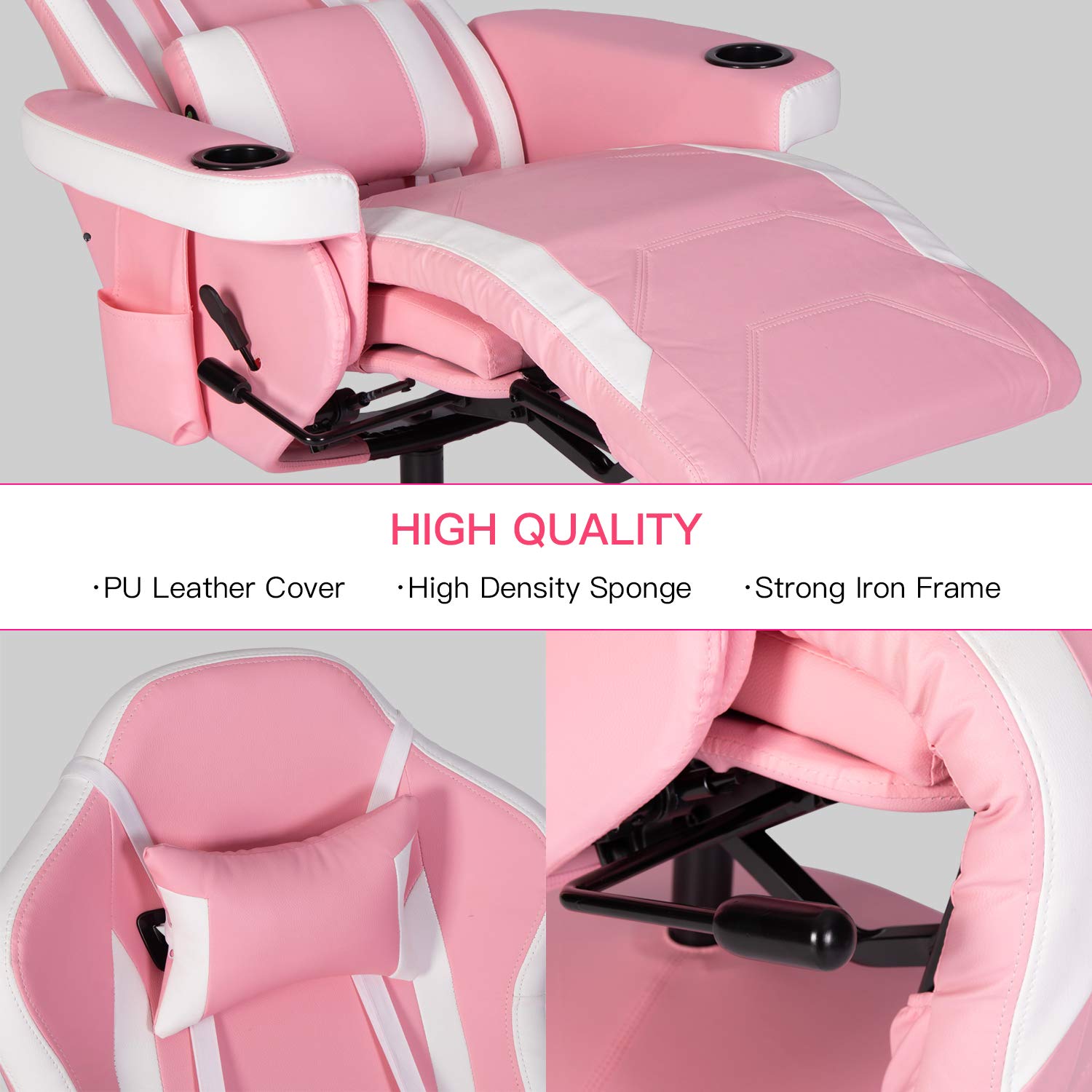 Swivel Video Gaming Reclining Chair High Back Ergonomic Recliner Chair with Headrest, Lumbar Support, Adjustable Backrest, Footrest, Cupholder, Pink White