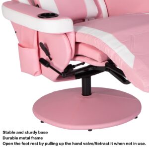 Swivel Video Gaming Reclining Chair High Back Ergonomic Recliner Chair with Headrest, Lumbar Support, Adjustable Backrest, Footrest, Cupholder, Pink White