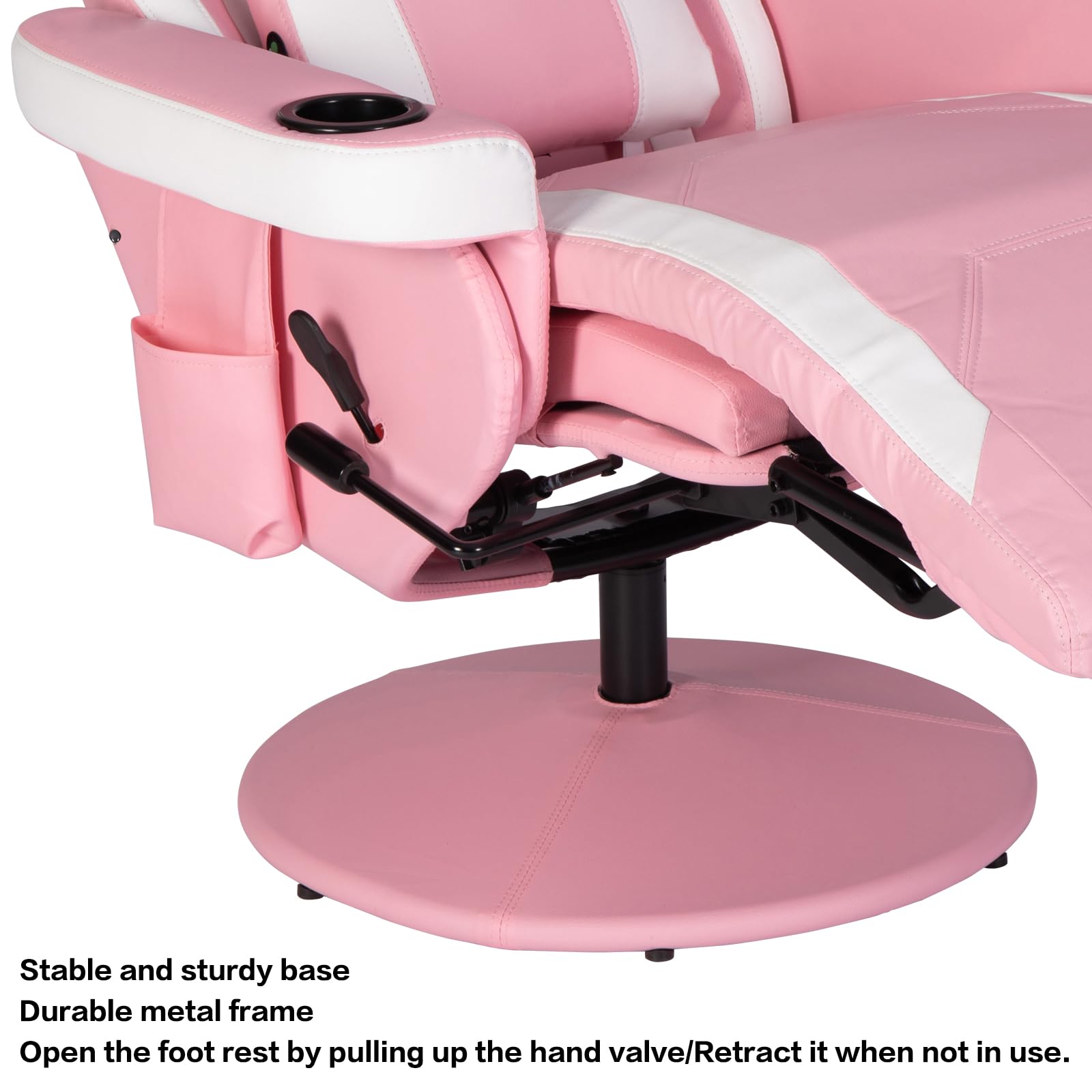 Swivel Video Gaming Reclining Chair High Back Ergonomic Recliner Chair with Headrest, Lumbar Support, Adjustable Backrest, Footrest, Cupholder, Pink White