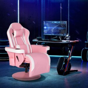 Swivel Video Gaming Reclining Chair High Back Ergonomic Recliner Chair with Headrest, Lumbar Support, Adjustable Backrest, Footrest, Cupholder, Pink White