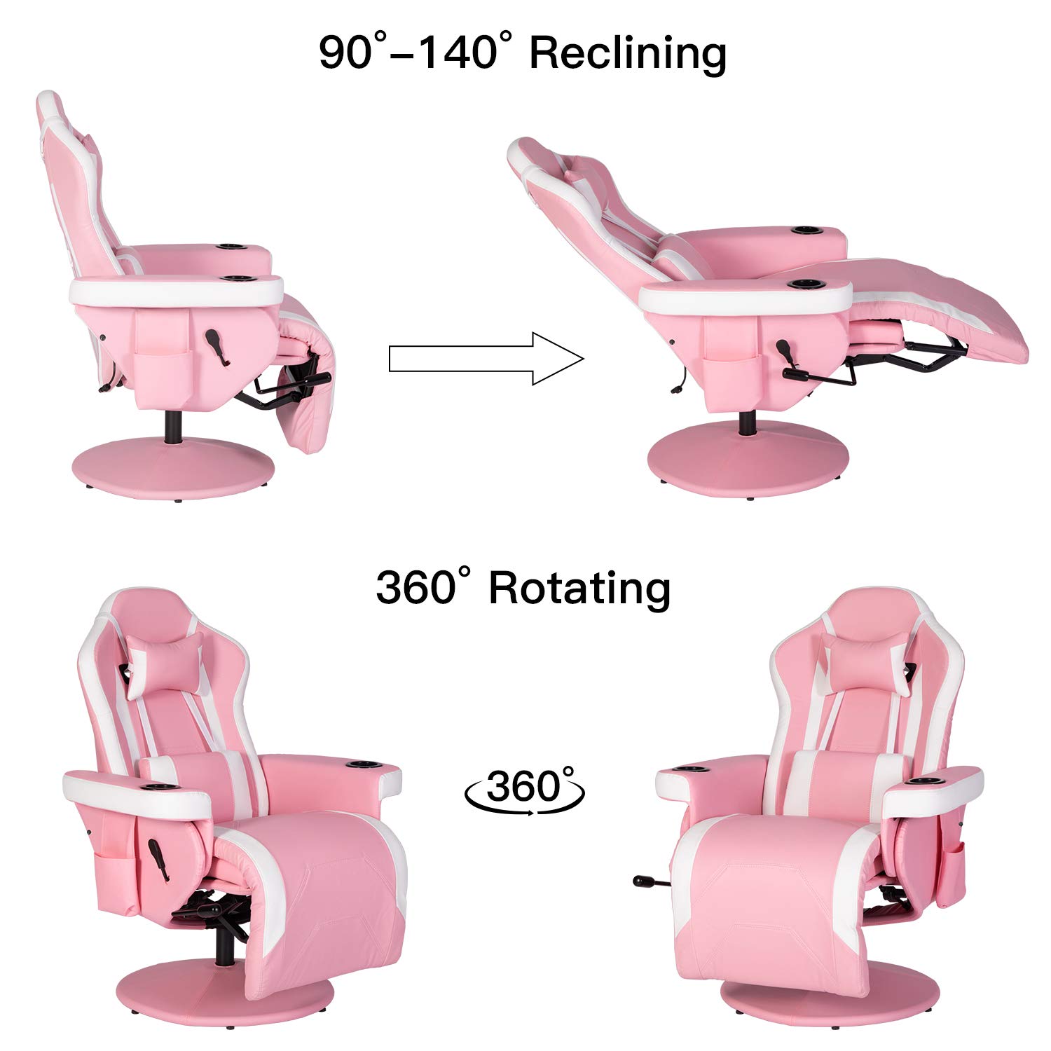 Swivel Video Gaming Reclining Chair High Back Ergonomic Recliner Chair with Headrest, Lumbar Support, Adjustable Backrest, Footrest, Cupholder, Pink White