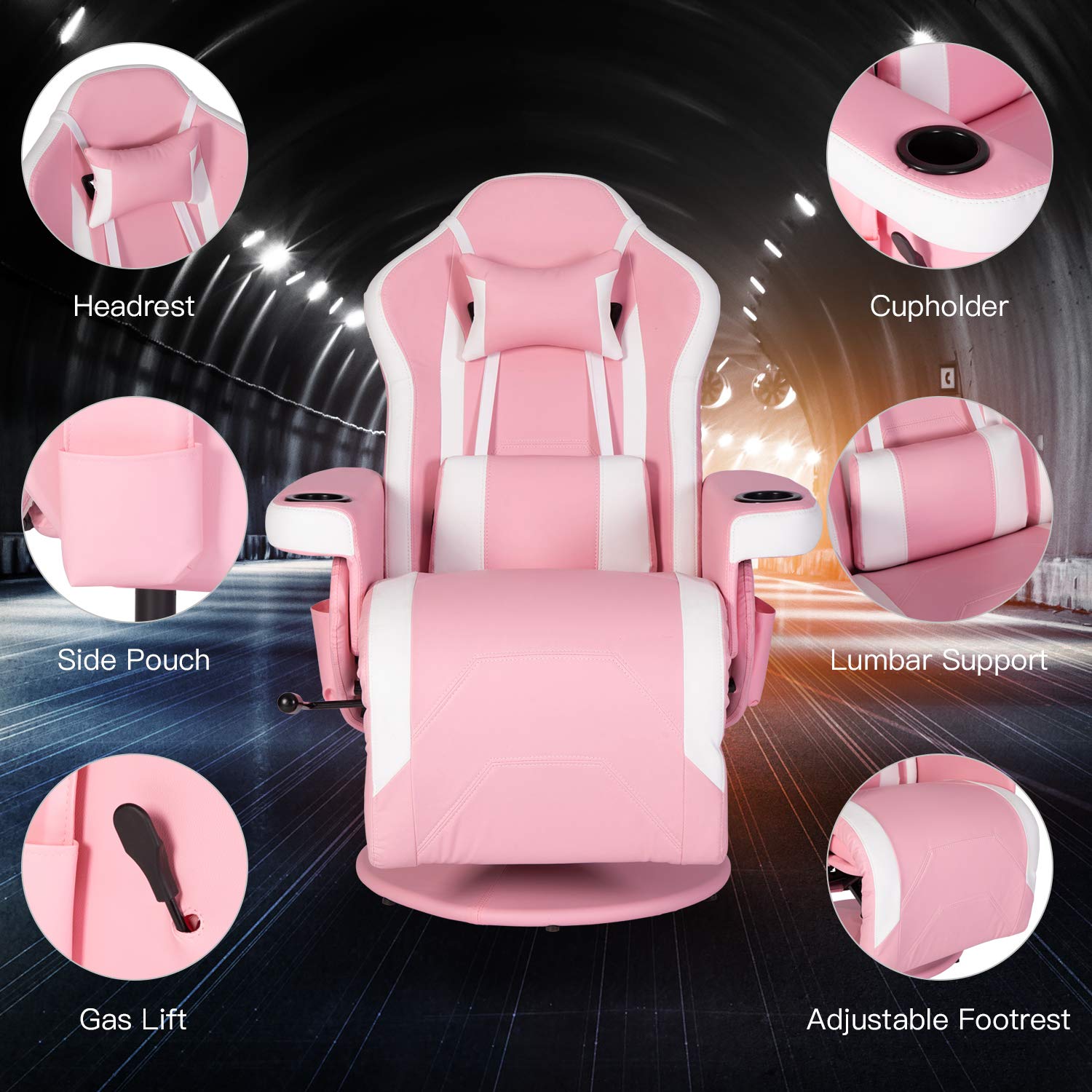 Swivel Video Gaming Reclining Chair High Back Ergonomic Recliner Chair with Headrest, Lumbar Support, Adjustable Backrest, Footrest, Cupholder, Pink White