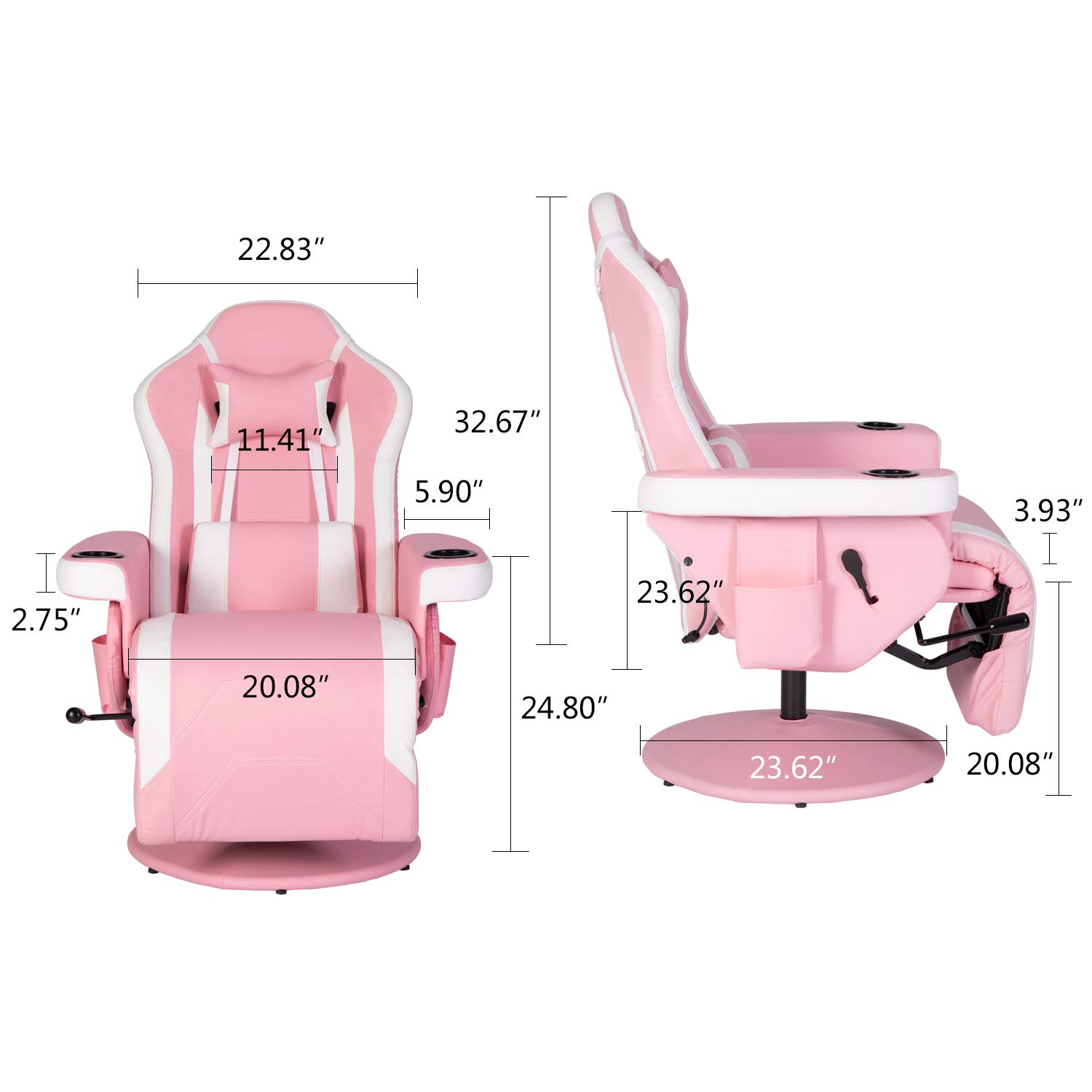 Swivel Video Gaming Reclining Chair High Back Ergonomic Recliner Chair with Headrest, Lumbar Support, Adjustable Backrest, Footrest, Cupholder, Pink White