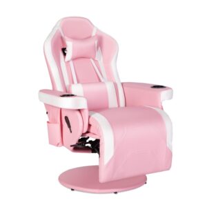 Swivel Video Gaming Reclining Chair High Back Ergonomic Recliner Chair with Headrest, Lumbar Support, Adjustable Backrest, Footrest, Cupholder, Pink White