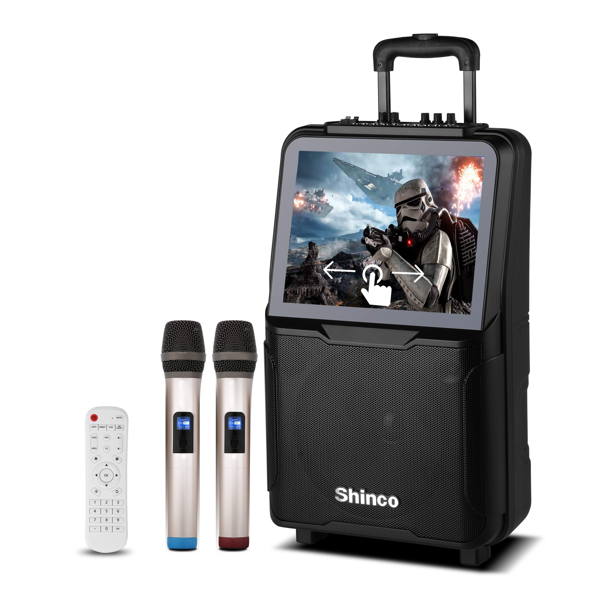 Shinco WiFi Karaoke Machine with 2 Wireless Mics, 15'' Touch Screen, Bluetooth, Lyrics Display (Black)