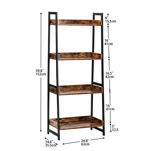 IRONCK Industrial Bookshelf 4-Tier, Bookcase 60" H Ladder Shelf, Storage Shelves Rack Shelf Unit, Accent Furniture Metal Frame, Home Office Furniture for Bathroom, Living Room, Vintage Brown