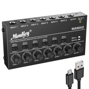 moukey audio mixer line mixer, dc 5v, 6-stereo ultra, low-noise 6-channel for sub-mixing, for small clubs or bars, as guitars, bass, keyboards mixer, 2021 new version-mamx2