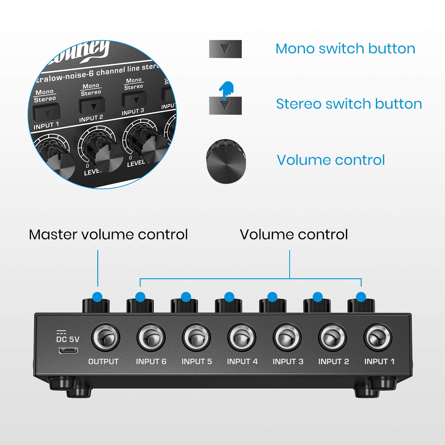 Moukey Audio Mixer Line Mixer, DC 5V, 6-Stereo Ultra, Low-Noise 6-Channel for Sub-Mixing, for Small Clubs or Bars, As Guitars, Bass, Keyboards Mixer, 2021 New Version-MAMX2