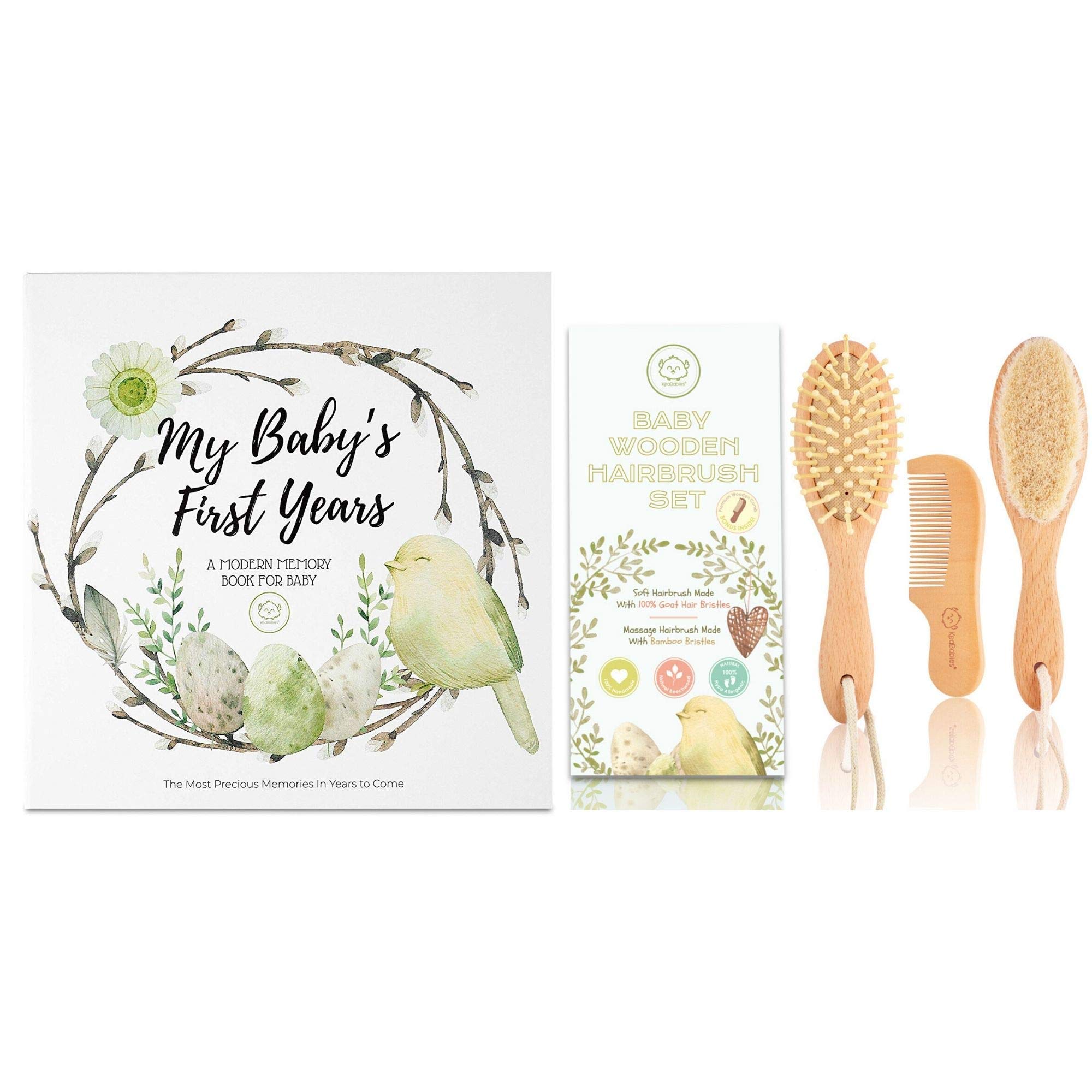 Baby Memory Book & Baby Natural Goat Hair Brush Bundle - Newborn Baby Shower Set for Baby Boy & Girl - Natural & Newborn Safe - Keepsake Journal Book for Newborn Babies