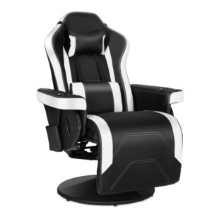 massage video gaming recliner chair ergonomic high back swivel reclining chair with speakers, cupholder, headrest, lumbar support, adjustable backrest and footrest, black white