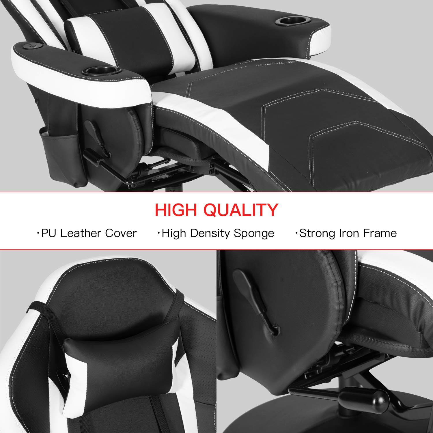 Massage Video Gaming Recliner Chair Ergonomic High Back Swivel Reclining Chair with Speakers, Cupholder, Headrest, Lumbar Support, Adjustable Backrest and Footrest, Black White