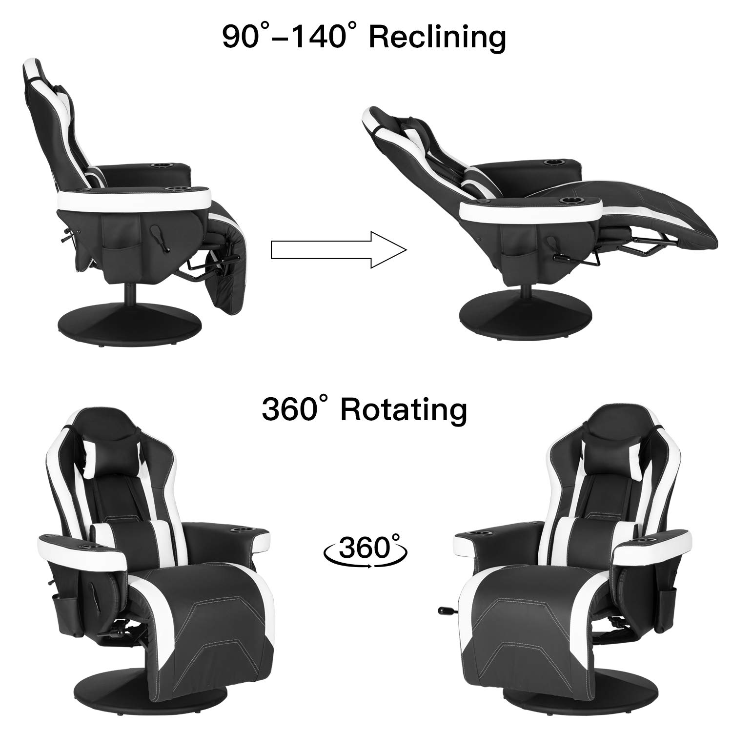 Massage Video Gaming Recliner Chair Ergonomic High Back Swivel Reclining Chair with Speakers, Cupholder, Headrest, Lumbar Support, Adjustable Backrest and Footrest, Black White