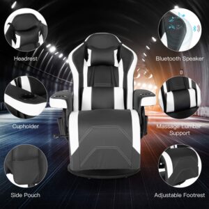 Massage Video Gaming Recliner Chair Ergonomic High Back Swivel Reclining Chair with Speakers, Cupholder, Headrest, Lumbar Support, Adjustable Backrest and Footrest, Black White