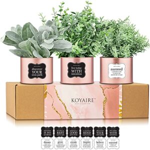 koyaire 3 motivational faux plants for desk - rose gold decor for office - small home office accessories - desk decorations - pink office gifts