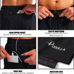 Pudolla Men’s 2 in 1 Running Shorts 7" Quick Dry Gym Athletic Workout Shorts for Men with Phone Pockets(Black Large)