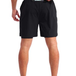 Pudolla Men’s 2 in 1 Running Shorts 7" Quick Dry Gym Athletic Workout Shorts for Men with Phone Pockets(Black Large)