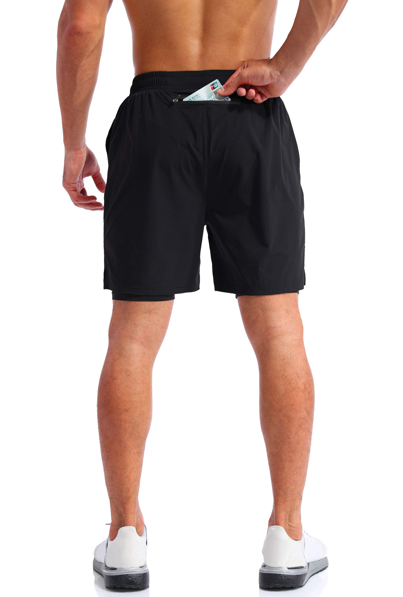 Pudolla Men’s 2 in 1 Running Shorts 7" Quick Dry Gym Athletic Workout Shorts for Men with Phone Pockets(Black Large)