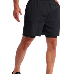 Pudolla Men’s 2 in 1 Running Shorts 7" Quick Dry Gym Athletic Workout Shorts for Men with Phone Pockets(Black Large)