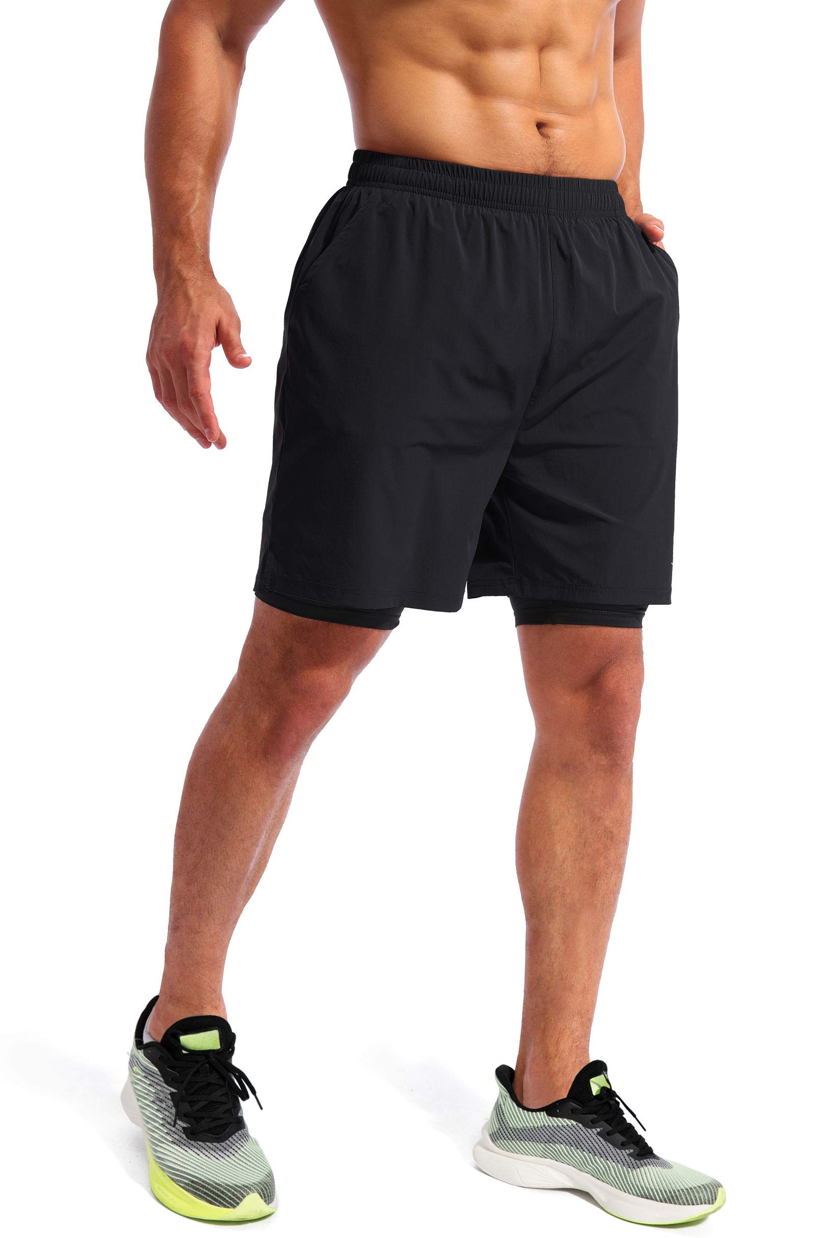 Pudolla Men’s 2 in 1 Running Shorts 7" Quick Dry Gym Athletic Workout Shorts for Men with Phone Pockets(Black Large)