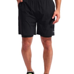 Pudolla Men’s 2 in 1 Running Shorts 7" Quick Dry Gym Athletic Workout Shorts for Men with Phone Pockets(Black Large)