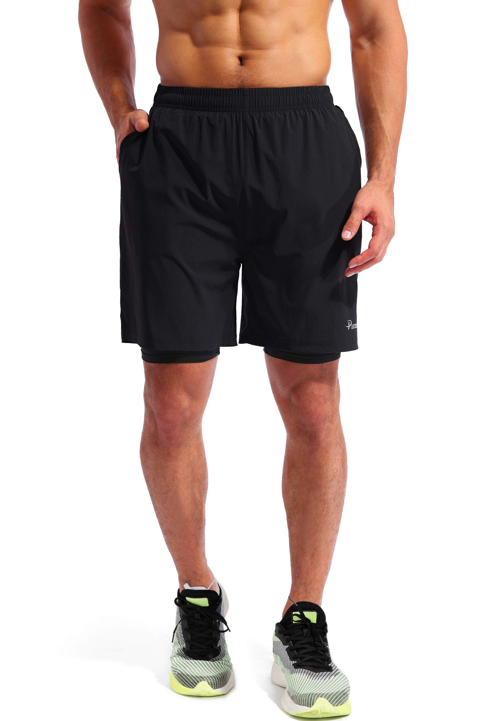 Pudolla Men’s 2 in 1 Running Shorts 7" Quick Dry Gym Athletic Workout Shorts for Men with Phone Pockets(Black Large)