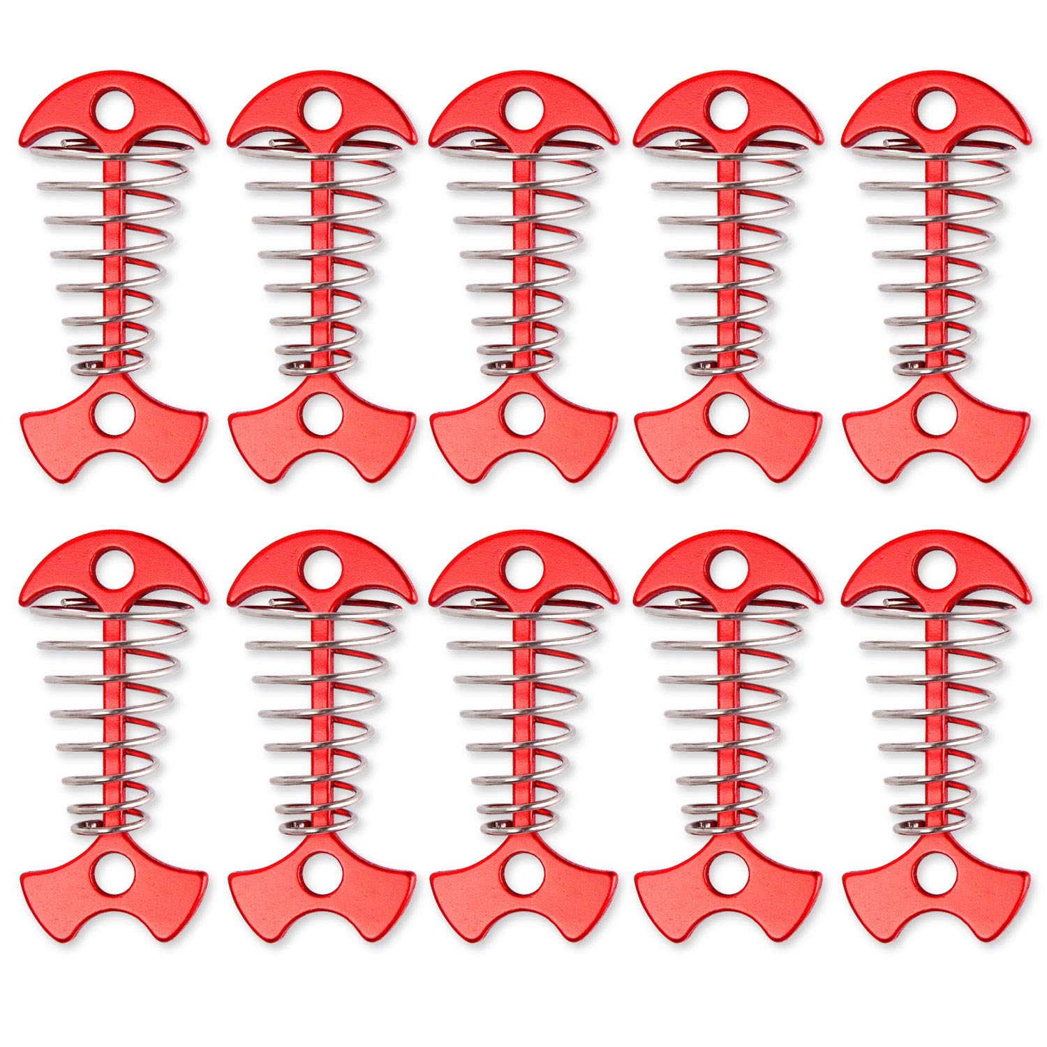 TOBWOLF 10PCS Deck Anchor Pegs, Windproof Aluminium Alloy Fishbone Tent Stakes with Spring Buckle, Portable Wind Rope Anchor, Camping Tent Nail