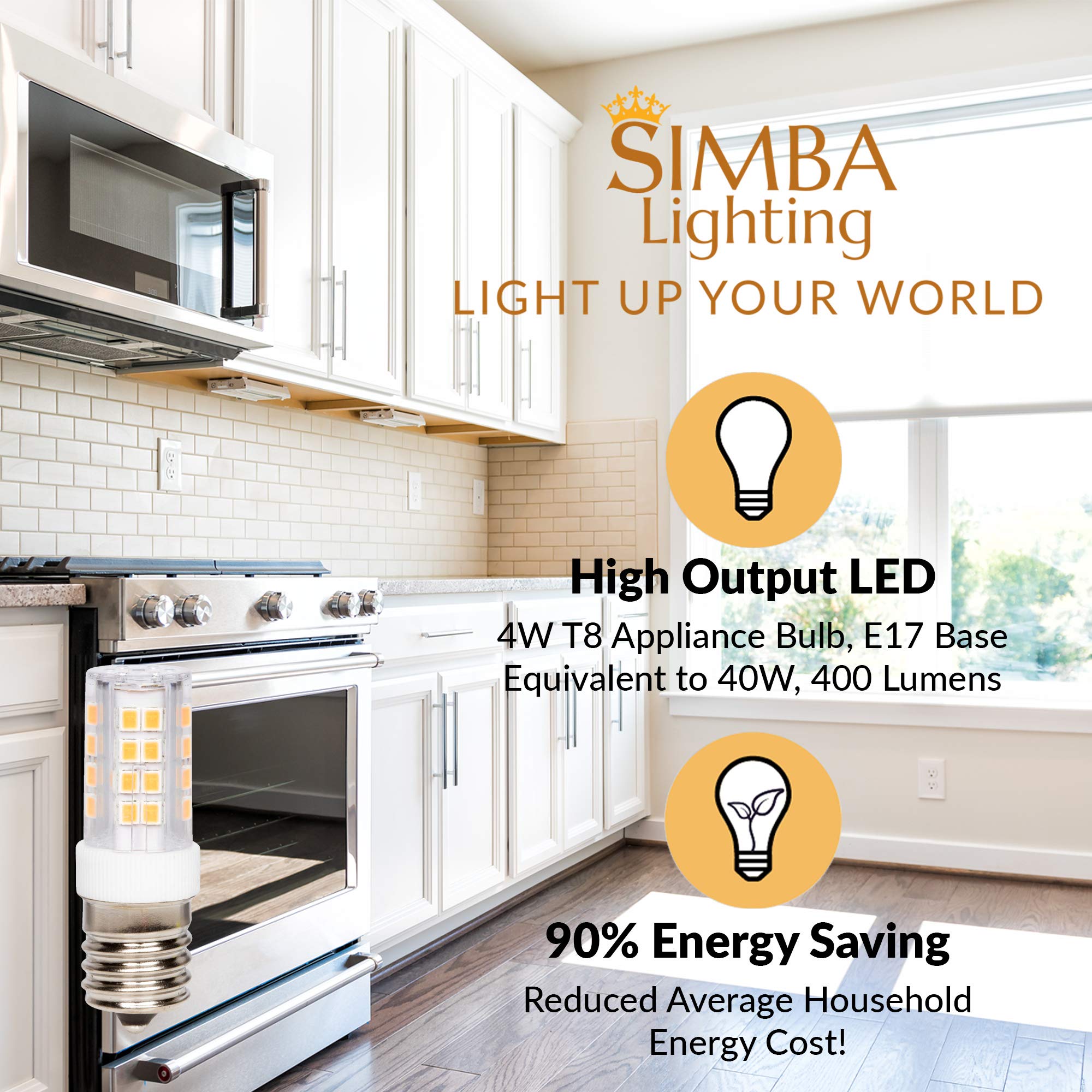 Simba Lighting LED E17 Microwave Appliance Light Bulb (2 Pack) 4W T8 40W Incandescent Replacement for Under Hood, Stove Top, Range, 120V, Intermediate Screw Base, Non-Dimmable, 3000K Soft White