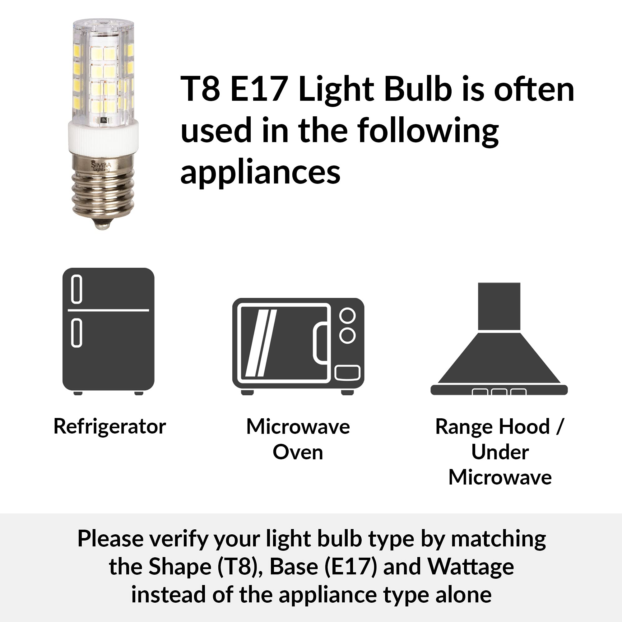 Simba Lighting LED E17 Microwave Appliance Light Bulb (2 Pack) 4W T8 40W Incandescent Replacement for Under Hood, Stove Top, Range, 120V, Intermediate Screw Base, Non-Dimmable, 6000K Daylight