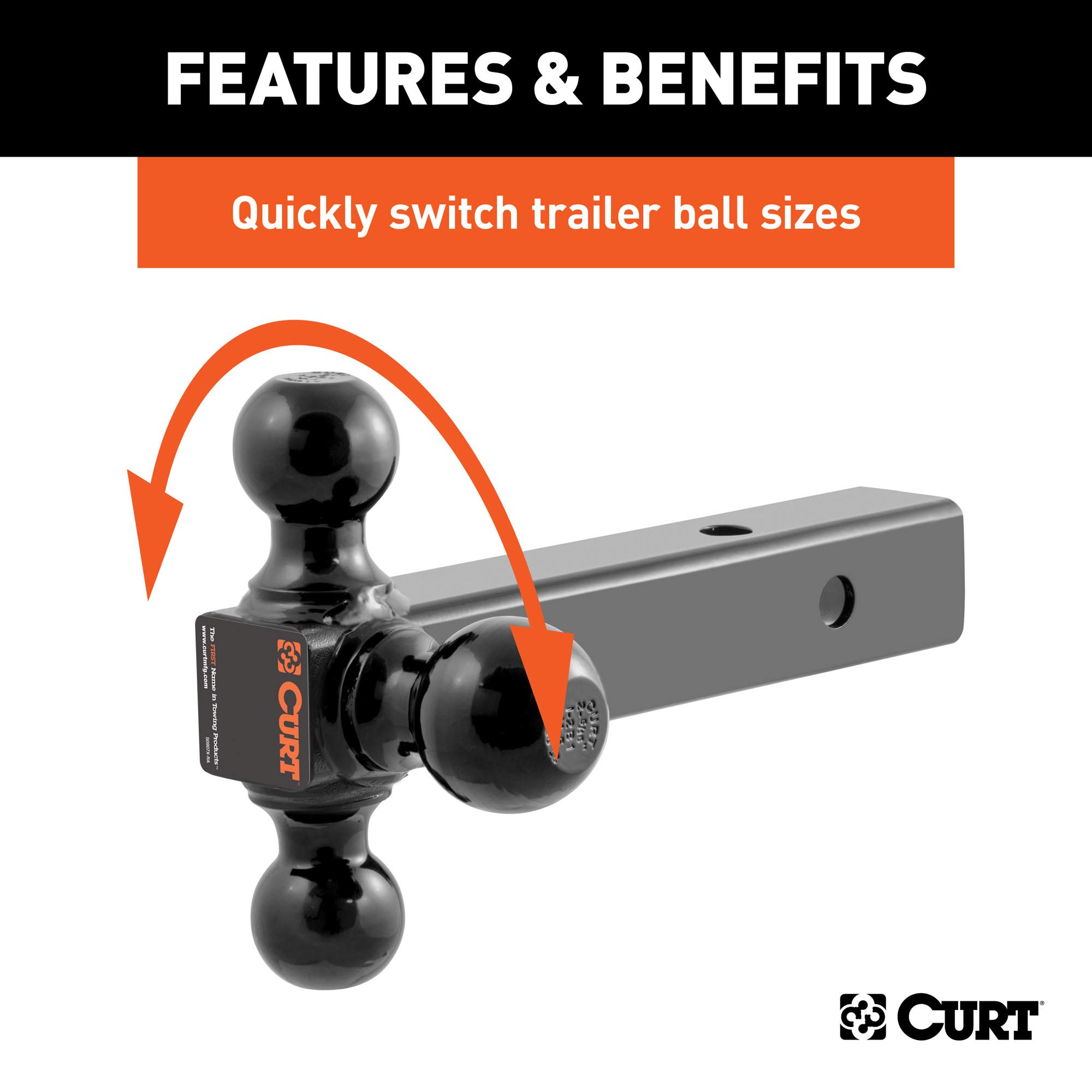 CURT 45652 Multi-Ball Trailer Hitch Ball Mount, 1-7/8, 2, 2-5/16-Inch Balls, Fits 2-Inch Receiver, 10,000 lbs