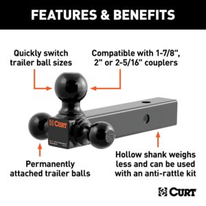 CURT 45652 Multi-Ball Trailer Hitch Ball Mount, 1-7/8, 2, 2-5/16-Inch Balls, Fits 2-Inch Receiver, 10,000 lbs