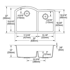 Elkay Quartz Classic ELGHU3322RGS0C 33" x 22" x 10", Offset 60/40 Double Bowl Undermount Sink Kit with Aqua Divide, Greystone