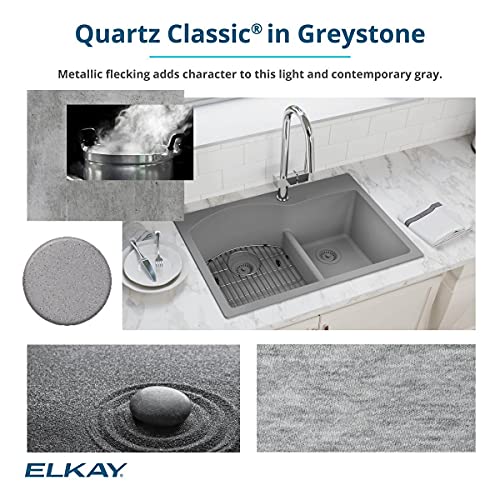 Elkay Quartz Classic ELGHU3322RGS0C 33" x 22" x 10", Offset 60/40 Double Bowl Undermount Sink Kit with Aqua Divide, Greystone