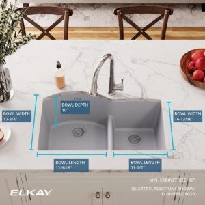 Elkay Quartz Classic ELGHU3322RGS0C 33" x 22" x 10", Offset 60/40 Double Bowl Undermount Sink Kit with Aqua Divide, Greystone